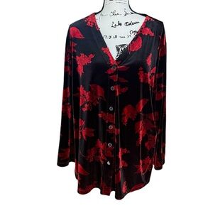 Carole Little Velvet Velour Button Down Blouse Black Red 2X Vintage